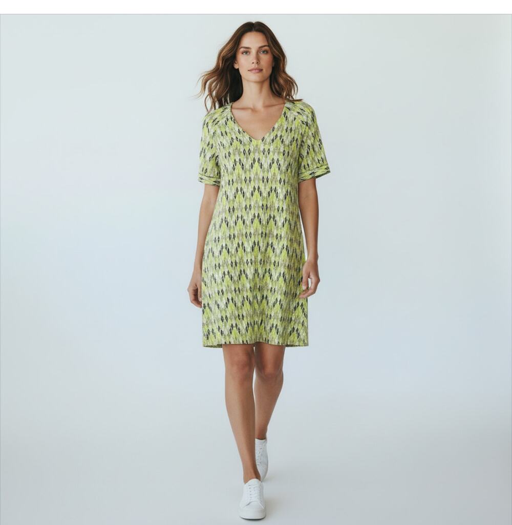 Fossil dress women's M green geometric print V neck short sleeve midi shift